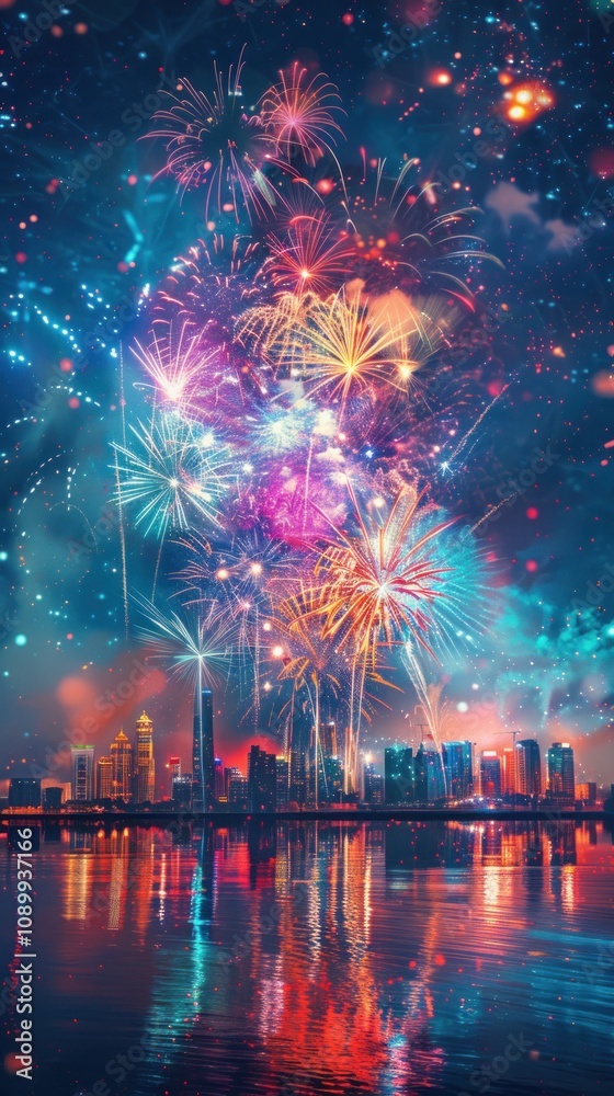 Obraz premium Colorful fireworks display over a city skyline reflected in a calm body of water.