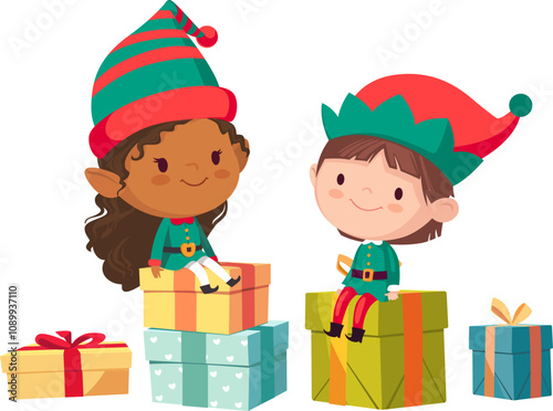 Group of cute elves on Merry Christmas background with pale gift boxes. Funny Santa's helpers in costumes isolated. Fairytale festive children characters with holiday presents