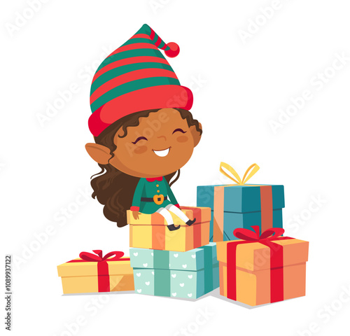 Cute Christmas elf girl sitting on Christmas gifts decorated with bows. Happy cute little African American girl in green elf costumes and pile of gifts