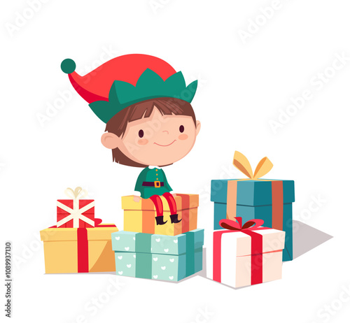 Cute Christmas elf boy sitting on Christmas gifts decorated with bows. Happy cute little boy in green elf costumes and pile of gifts