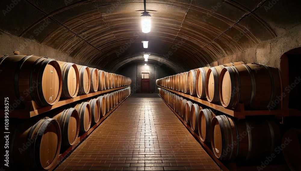 Naklejka premium Rows of Aged Oak Wine Barrels in an Atmospheric Underground Cellar