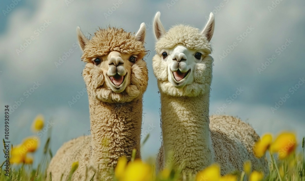 Obraz premium Happy alpacas smiling in a field, two adorable alpacas with fluffy coats, surrounded by vibrant yellow flowers and a cloudy sky