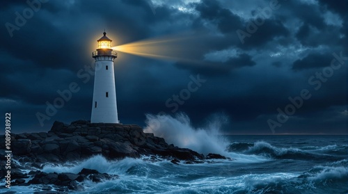 Wallpaper Mural Beacon of hope: lighthouse illuminating stormy night with powerful waves Torontodigital.ca