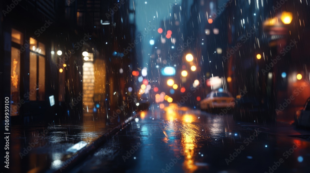 Obraz premium Rainy city street at night, bokeh lights.