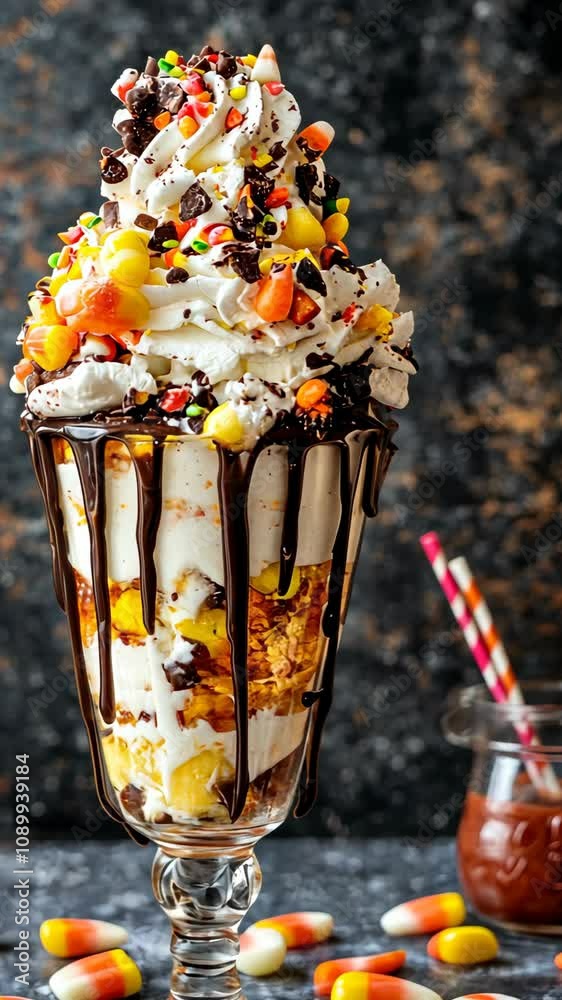 Delicious Halloween candy corn dessert parfait features whipped cream, chocolate, and crunchy cereal