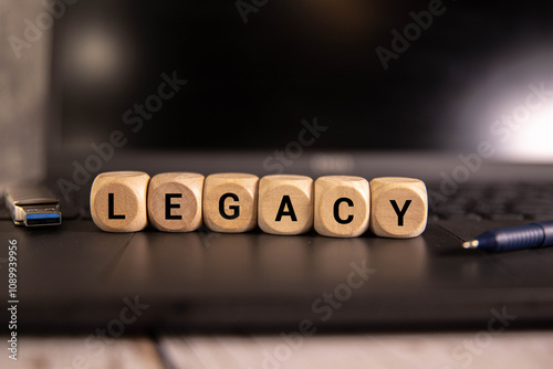 The word legacy is spelled on rustic wooden cubes, crafted carefully photo