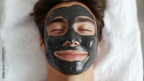 Man with black clay mask smiling in a bright bathroom setting focusing on skincare and relaxation