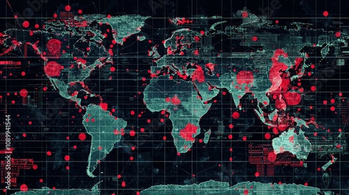 A global map highlighting the spread of a virus pandemic, with red zones and data points photo