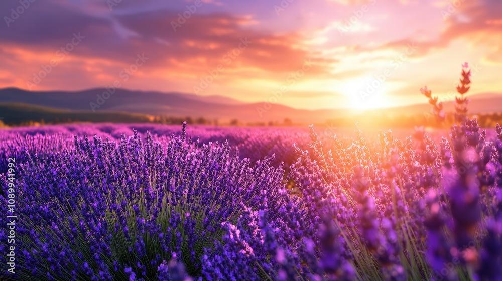 Fototapeta premium Lavender Field at Sunset with a Golden Sky
