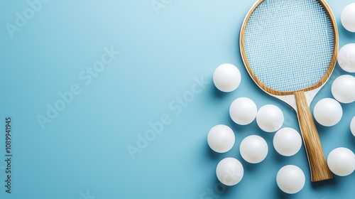 Modern ping pong racket, white balls on blue background, flat lay style, minimalist