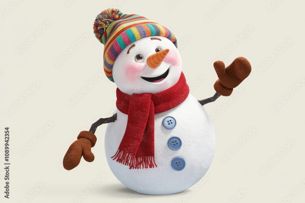 Fototapeta premium A cheerful snowman with a colorful hat and red scarf waving hello.