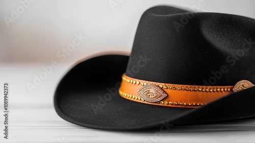 Black cowboy hat with intricate leather band design on a clean white backdrop, shadows and highlights enhancing product details photo