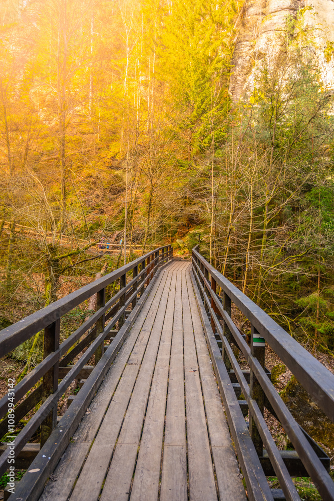 Fototapeta premium The wooden Mezni Bridge stretches across the Kamenice River, surrounded by vibrant autumn foliage in Bohemian Switzerland National Park, showcasing nature beauty and tranquil atmosphere.