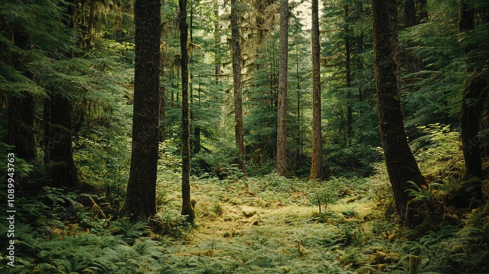 Obraz premium Lush and Untouched Forest Landscape with Tall Trees and Dense Greenery, Showcasing an Abundant and Serene Natural Environment Perfect for Outdoor Enthusiasts