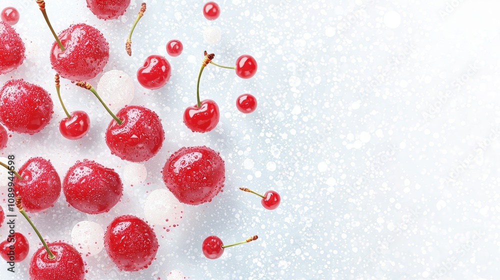 Fototapeta premium Whimsical illustration of cherries tumbling against a white canvas, bright and cheerful, ideal for grocery advertising campaigns