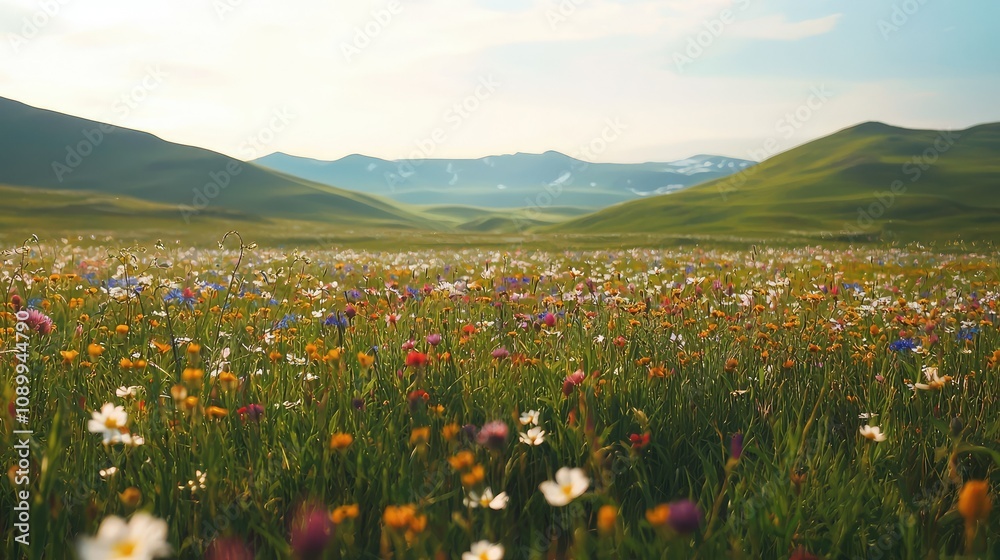 Fototapeta premium A Serene Meadow Surrounded by Gentle Slopes, Filled with Colorful Wildflowers Under a Soft Blue Sky in a Picturesque Landscape