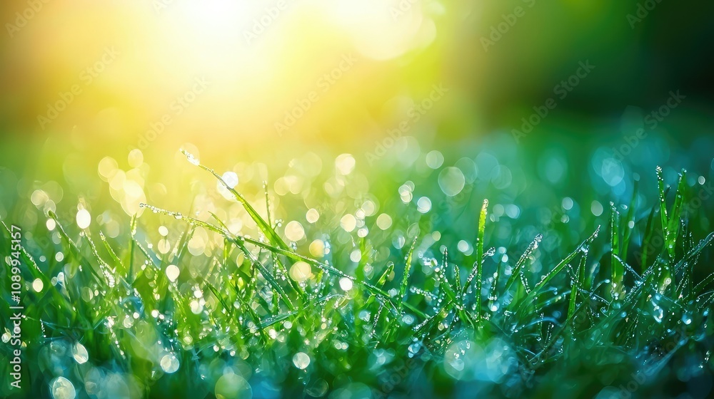 Obraz premium Misty Morning Meadow Scene with Dew-Covered Grass and Soft Sunrise Light Illuminating the Tranquil Outdoor Landscape in Nature's Serenity