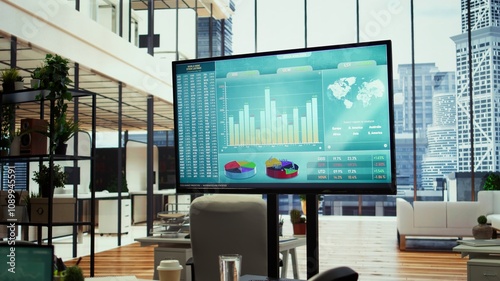 Empty boardroom setup with a computer displaying financial data, facilitates effective communication and strategy development for a successful business project. Performance goals. photo