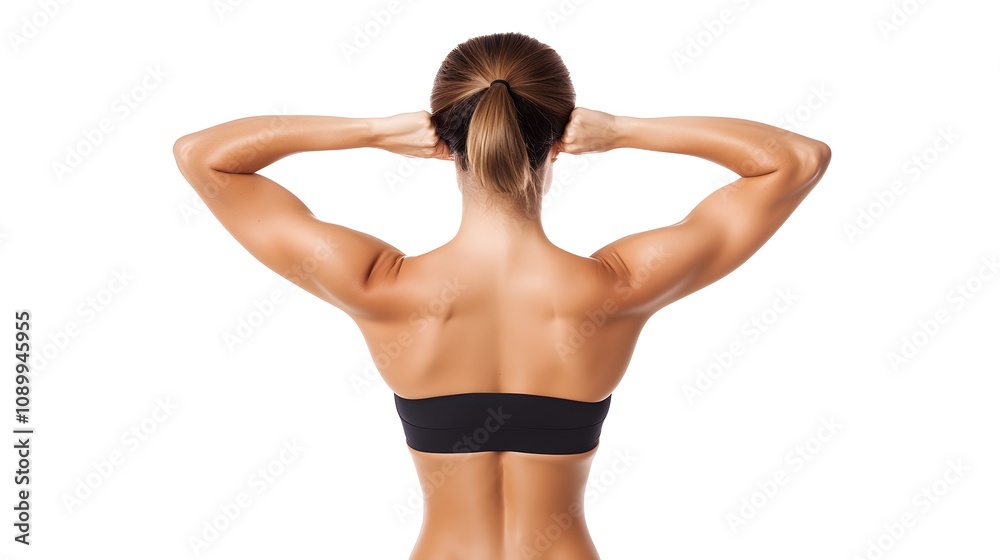 Fototapeta premium Muscular tanned woman's back, body correction lines highlighting muscle tone, isolated on white, body sculpting concept