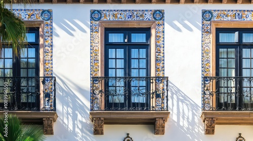 Stunning Spanish Colonial Revival Style Hotel Facade Showcasing Elegant Architectural Details, Vibrant Colors, and Decorative Tile Work with Gracious Balconies and Classic Charm