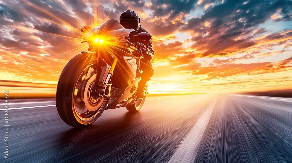 Naklejka premium Silhouetted motorcycle rider speeding down a scenic dusk road, the sky glowing with clouds, sense of adventure, Biker silhouette, Journey and energy