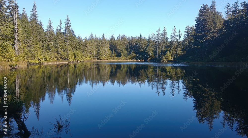 Fototapeta premium Serene Reflection of a Calm Lake Surrounded by Lush Green Trees in a Tranquil Forest Setting Under Clear Blue Skies