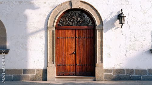 Traditional Spanish Colonial Revival Entry with Ornate Wooden Doors and Detailed Archway Accents Against a White Stucco Wall