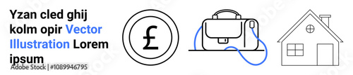 Currency symbol, briefcase with wire, and house outline. Ideal for finance, real estate, investment, banking, business presentations, educational materials, and website graphics. Landing page