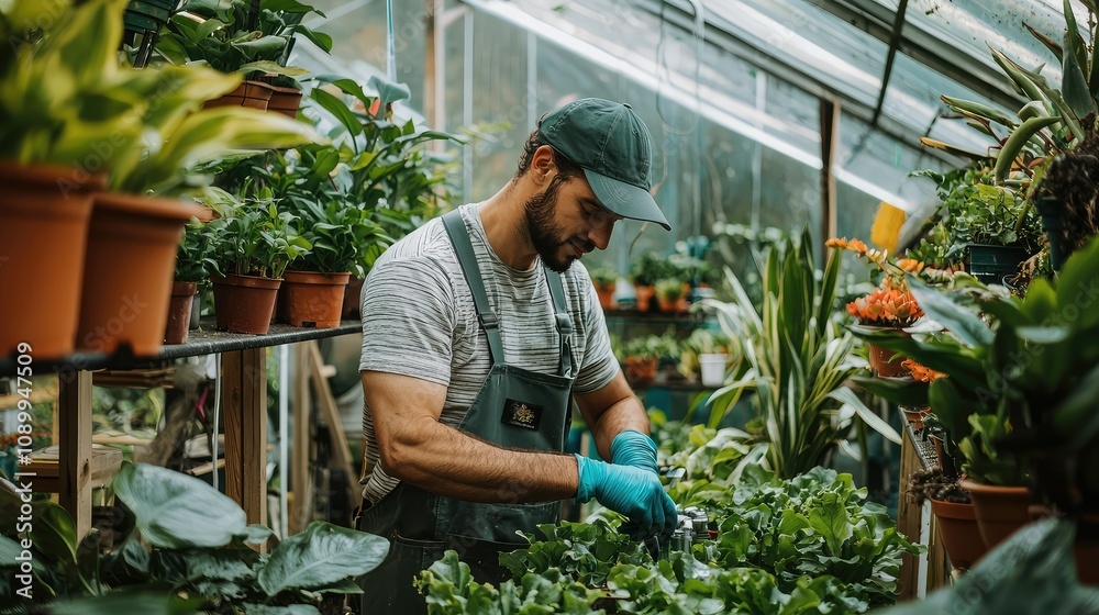 Obraz premium Worker Inspecting Water Pump in Greenhouse While Caring for Plants, Focused on details and maintaining optimal plant conditions in a lush environment
