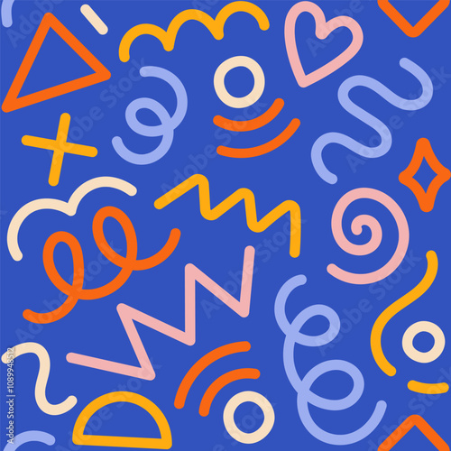 Memphis fun geometric seamless pattern. Cool abstract background, retro 80s, 90s style with basic shapes: star, triangle, circle, semicircle, heart, zigzag, spiral, wavy lines. Cute kid doodle design.