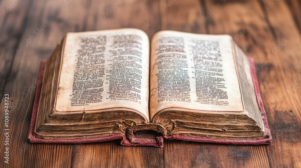 Fototapeta premium Open Ethiopian Bible on Wooden Table Showcasing Pages of Sacred Texts with Ancient Script and Rich Historical Significance for Religious Study and Reflection