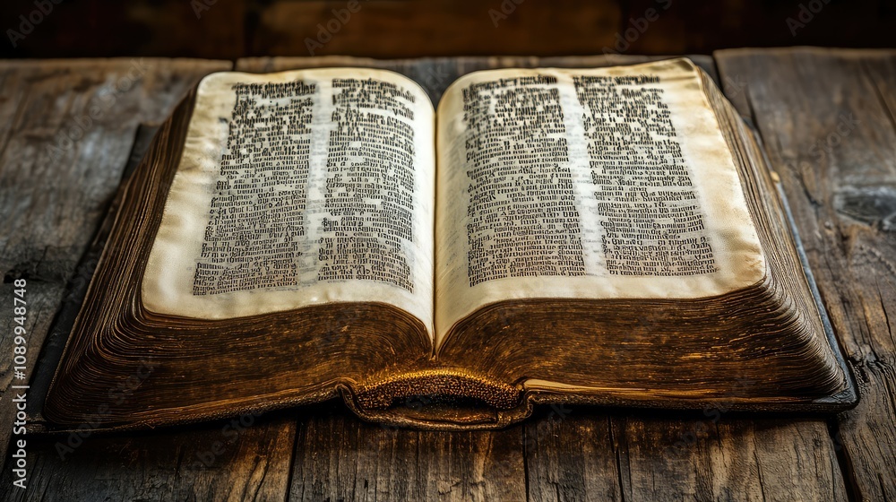Fototapeta premium Ethiopian Bible Open on Wooden Table with Detailed Pages, Highlighting Ancient Texts and Cultural Significance, Ideal for Religious and Historical Themes