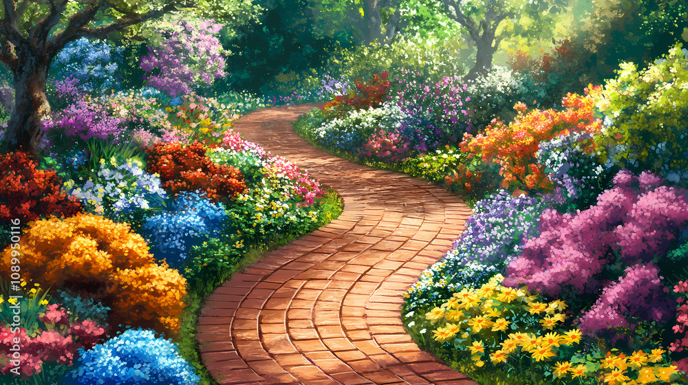 Fototapeta premium A winding brick path leading through a vibrant garden, bursting with an explosion of colorful blooms, creating a serene and captivating landscape. Floral Explosion Burst. Illustration