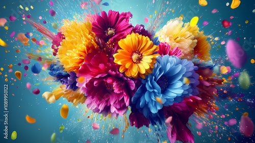 A vivid floral explosion design wallpaper bursting with colorful blooms. Floral Explosion Burst. Illustration photo