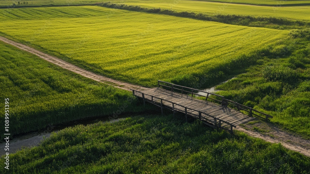 Obraz premium Serene Aerial View of a Rustic Wooden Bridge Over a Tranquil Stream Surrounded by Lush Green Rice Fields Under Bright Blue Sky
