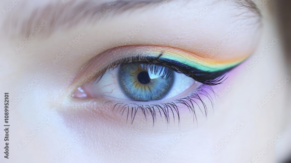 Obraz premium Close-Up of a Detailed Eye with Vibrant Rainbow Eyeliner Artistry Showcasing Stunning Colors and Textures for Makeup and Beauty Enthusiasts