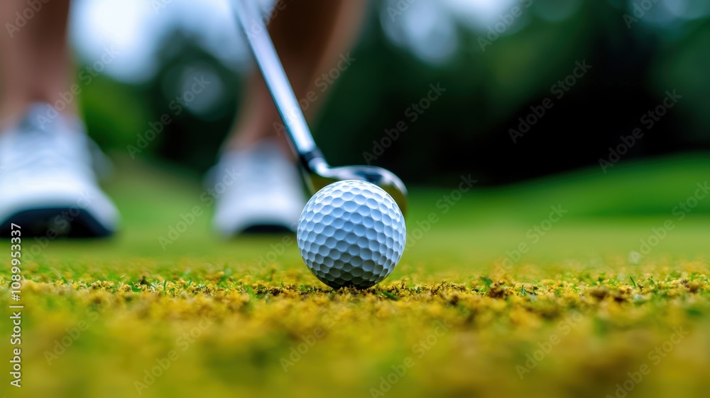 Fototapeta premium Close-up of Golf Ball on Tee Ready for a Swing