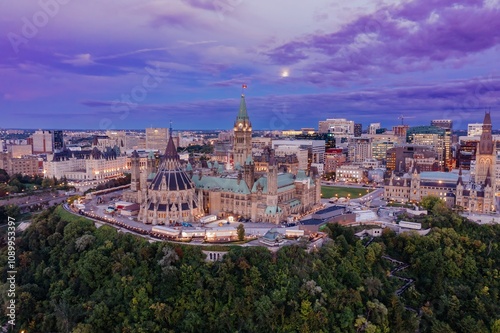 Parliament of Canada and downtown Ottawa at night, Ontario, Canada.