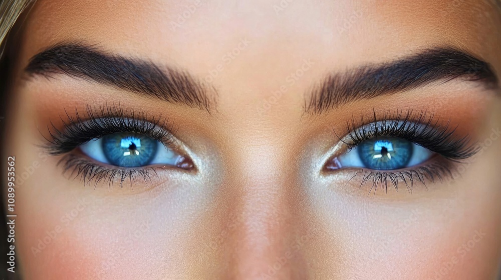 Obraz premium Close-Up Portrait of a Person with Striking Blue Eyes and Defined Eyebrows, Highlighting Natural Beauty and Expressiveness in Soft Lighting