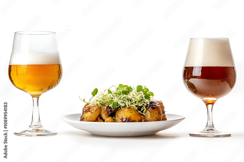 Naklejka premium Enjoying small beers with delicious dish white background food photography minimalist style culinary experience