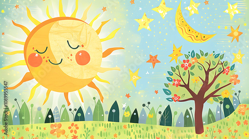 Bright and Cheerful Illustration of a Happy Sun and Moon in a Whimsical Landscape with Stars, Flowers, and a Tree, Perfect for Children's Products and Decor