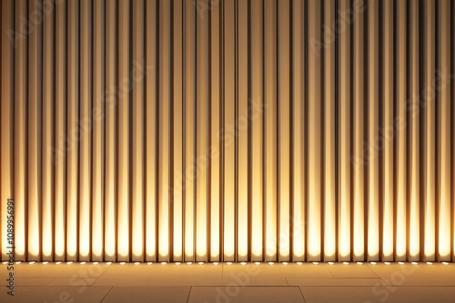 Minimalist glowing stage curtains in gold and soft yellow hues with clean lines and radiant lighting
