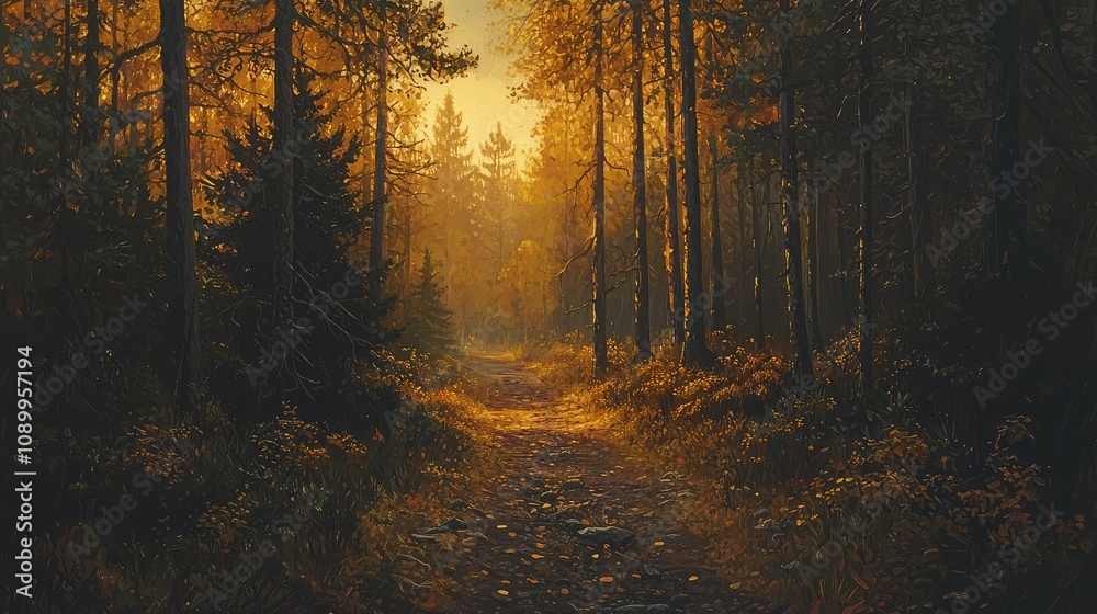 Fototapeta premium Serene Forest Path Bathed in Golden Light, Capturing the Tranquility of Nature with Vibrant Autumn Colors and a Peaceful Atmosphere for Relaxation and Reflection