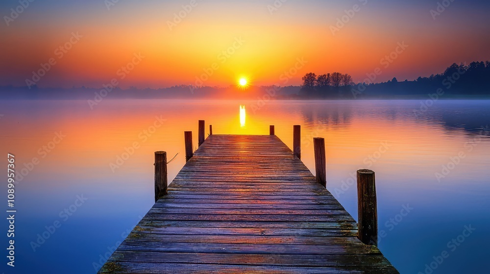 Fototapeta premium Serene Sunrise Over Tranquil Lake with Wooden Pier and Colorful Reflections in the Sky Creating a Peaceful Atmosphere for Nature Lovers and Photographers