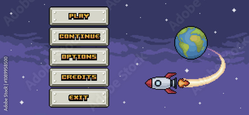 Space game home menu with ship and metal buttons in pixel art and 8-bit style