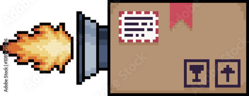 Pixel art package with rocket turbine in 8-bit style on white background