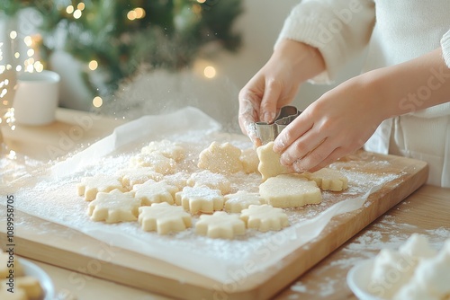 A child using cookie cutters to shape holiday-themed dough. Generative AI photo