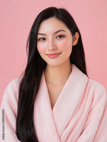 portrait of an asian woman posing in a cozy pink terrycloth bath robe