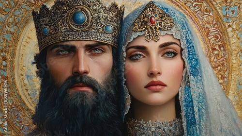Portrait of King Solomon and the Queen of Sheba Depicting a Regal Connection Through Artistic Expression and Cultural Symbolism in a Lavish Setting
