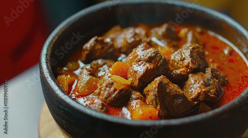 Delicious Hungarian Goulash in a Rustic Bowl with Tender Beef Chunks and Flavorful Vegetables in a Rich Red Sauce, Perfect for a Hearty Meal or Culinary Creations photo